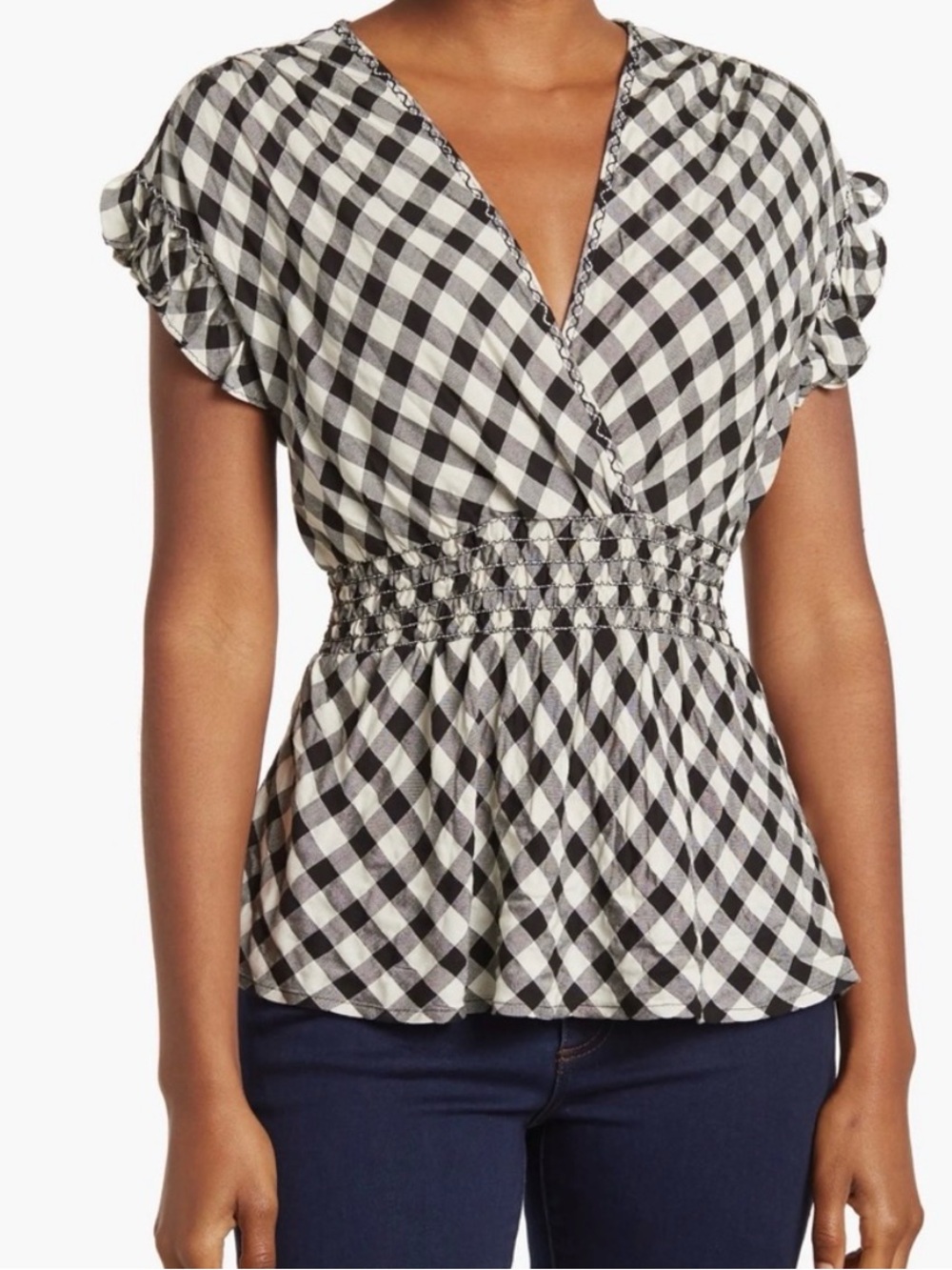 NWT Max Studio Black & White Gingham Smocked Waist V-Neck Top